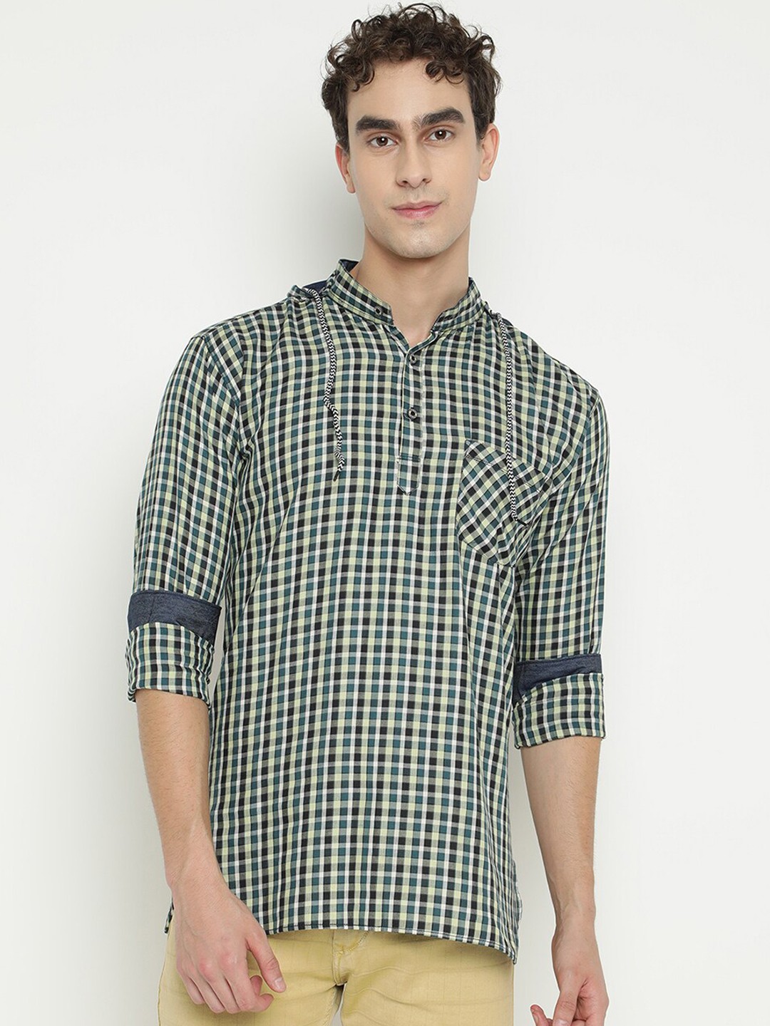 

V2 Value & Variety Men Green Striped Thread Work Kurta