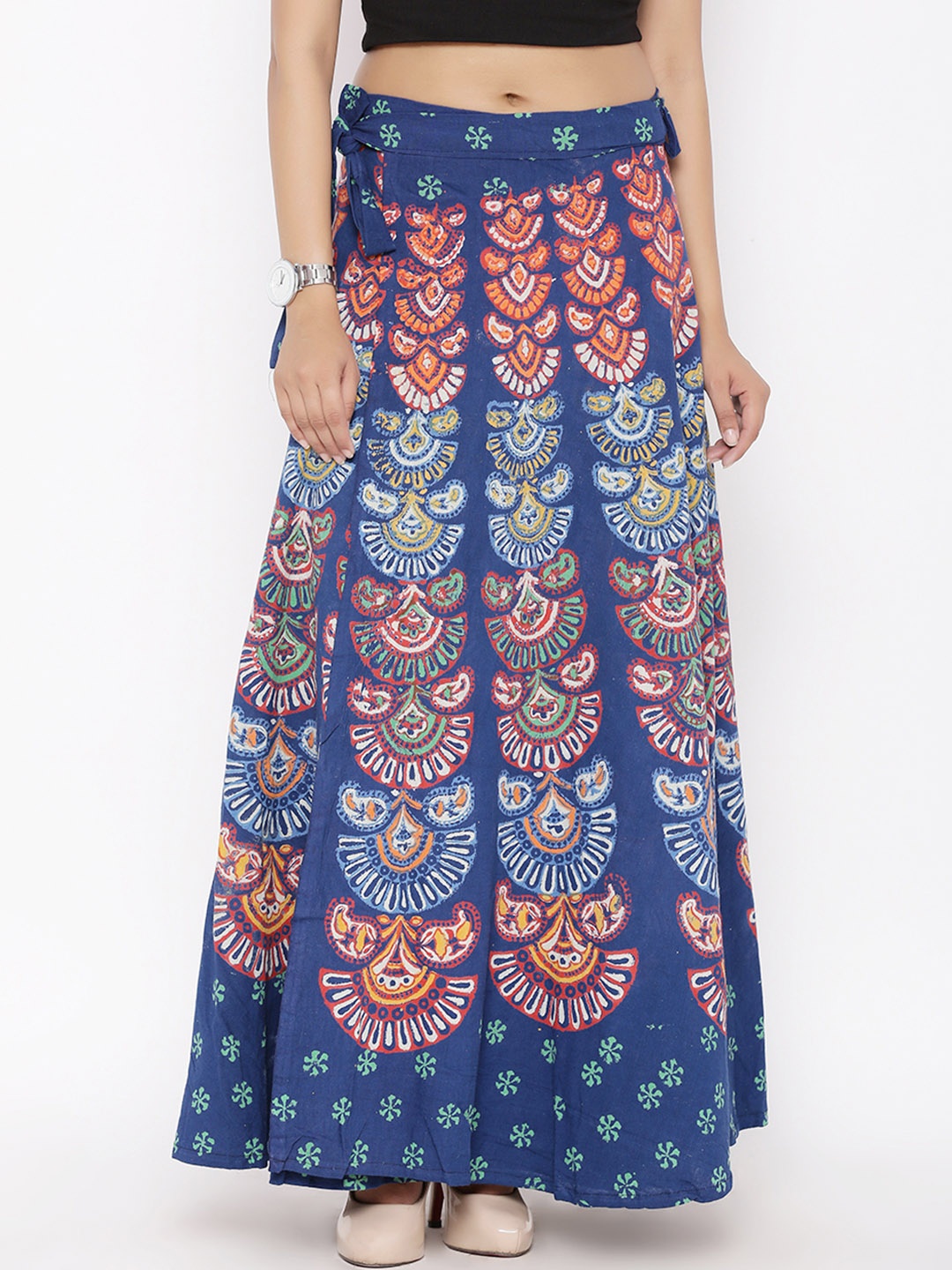 

SOUNDARYA Navy Ethnic Print Wrap-Around Maxi Skirt, Navy blue