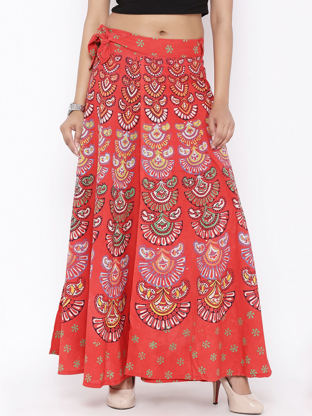 

SOUNDARYA Coral Orange Ethnic Print Wrap-Around Maxi Skirt