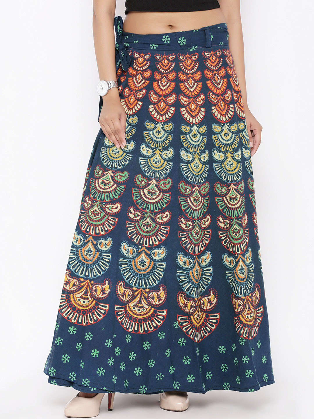 

SOUNDARYA Teal Blue Ethnic Print Wrap-Around Maxi Skirt