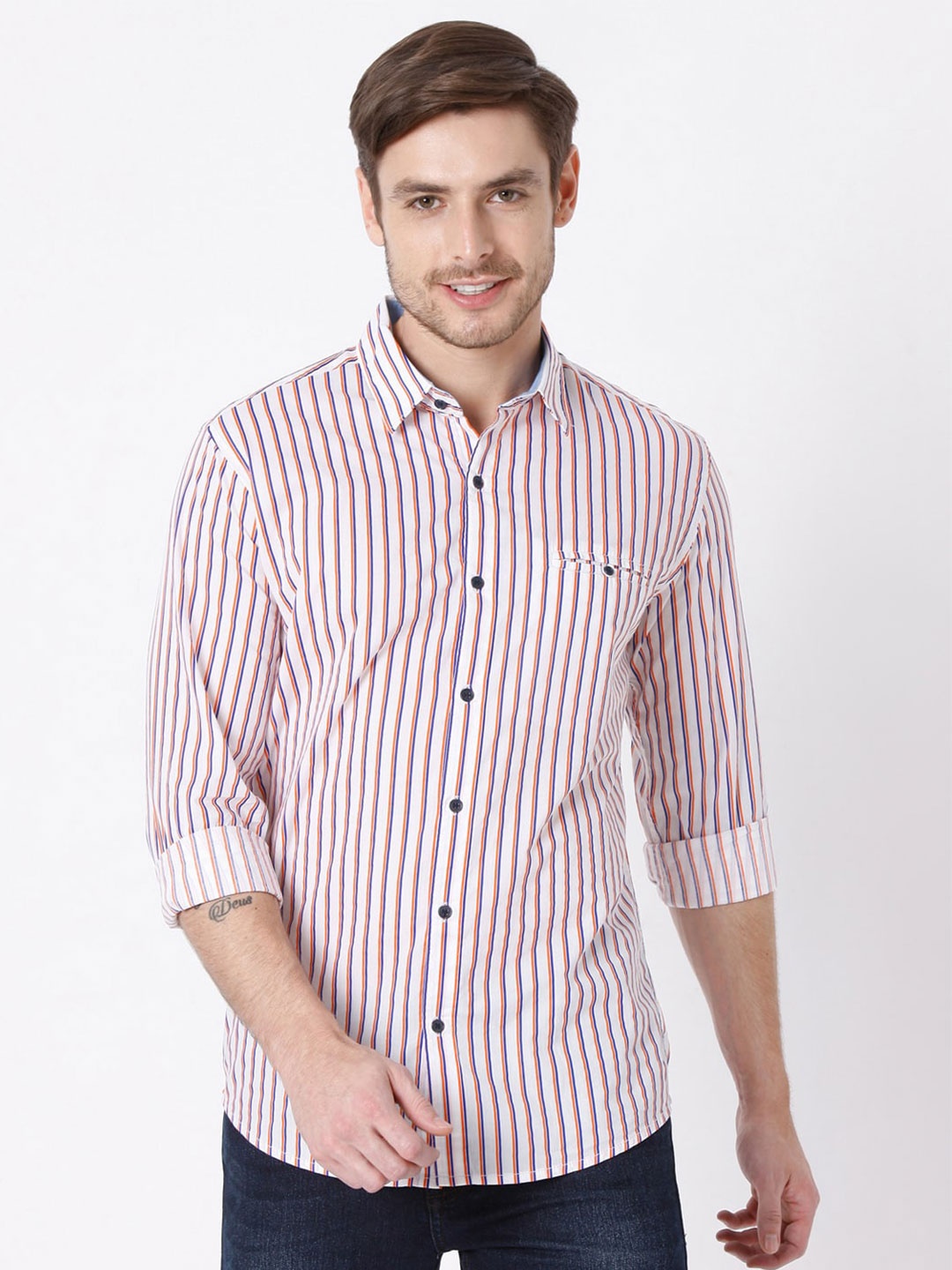 

Mufti Men White & Orange Slim Fit Striped Casual Cotton Shirt