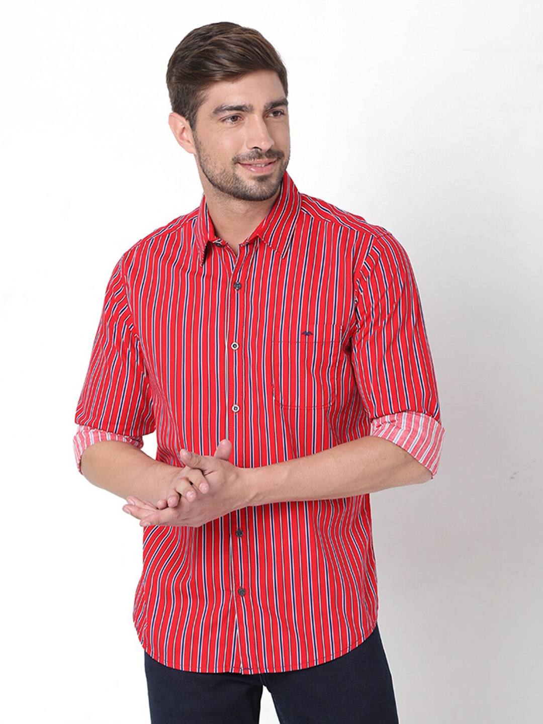 

Mufti Men Red Slim Fit Striped Casual Cotton Shirt