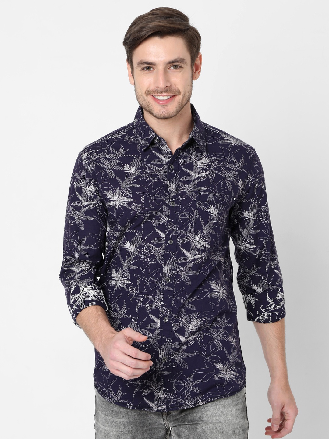 

Mufti Men Navy Blue Slim Fit Floral Printed Casual Cotton Shirt