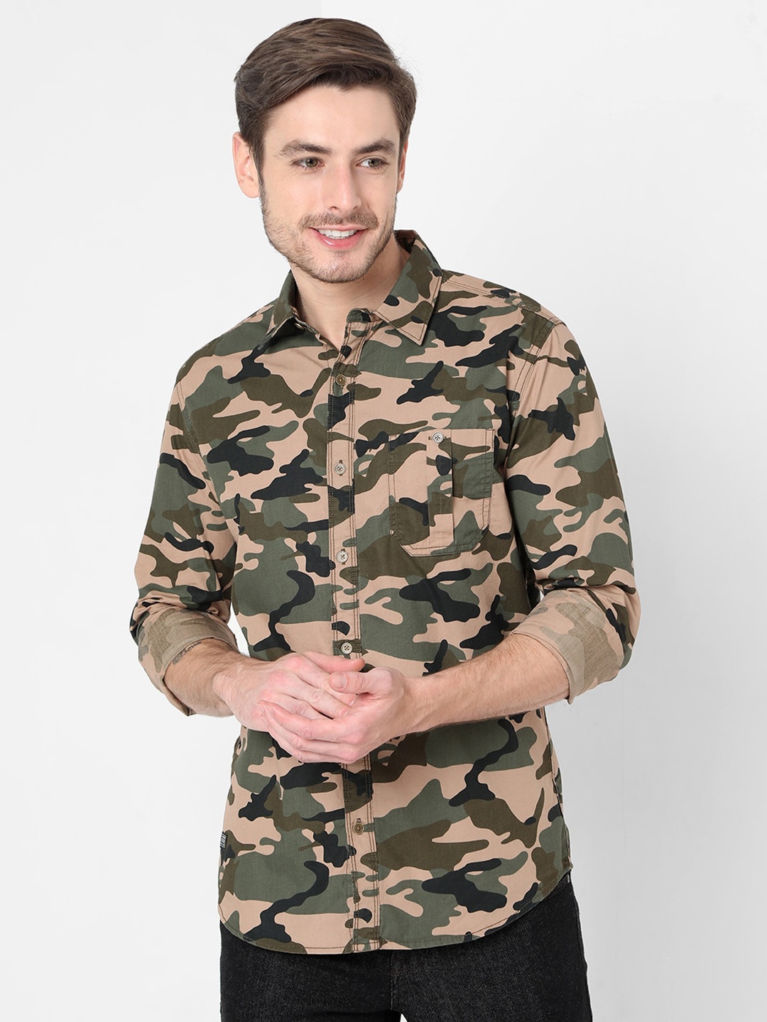 

Mufti Men Olive Green Slim Fit Printed Casual Shirt