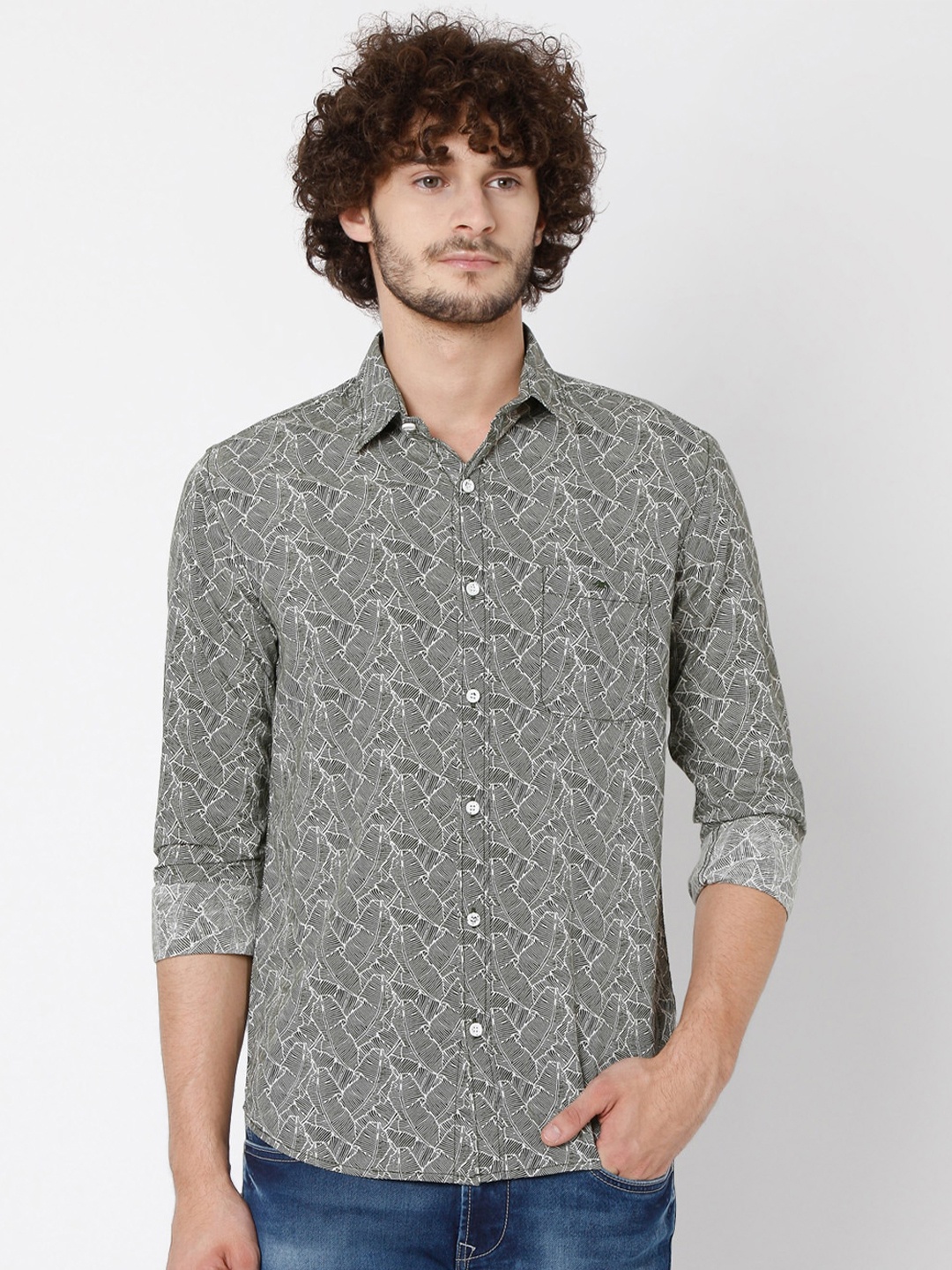 

Mufti Men Olive Green Slim Fit Printed Casual Shirt