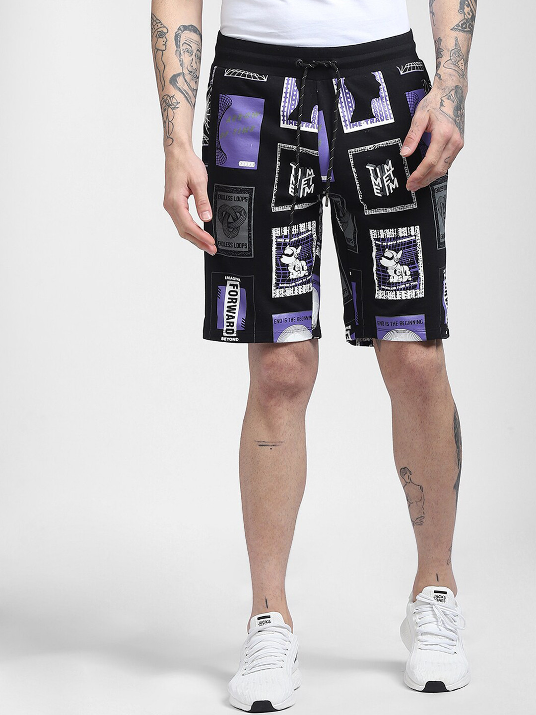 

Jack & Jones Men Black & Purple Graphic Printed Cotton Shorts