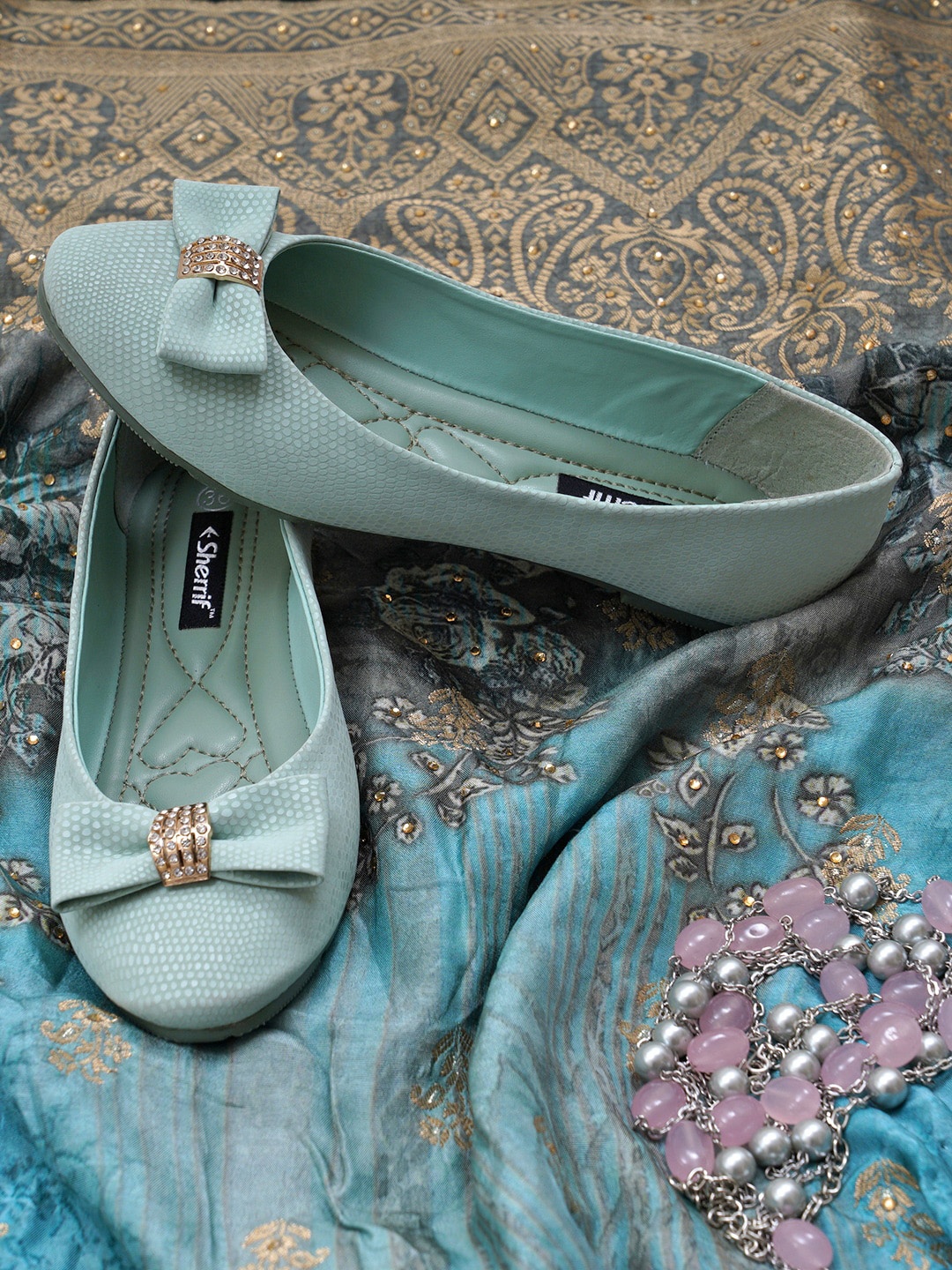 

Sherrif Shoes Women Sea Green Printed Ballerinas with Bows