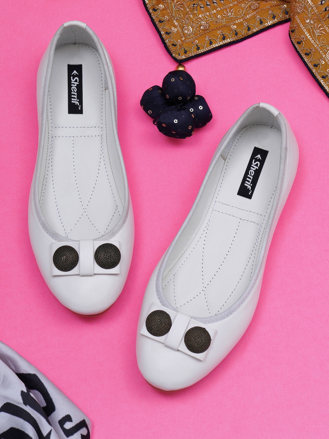 

Sherrif Shoes Women White & Black Ballerinas with Bows