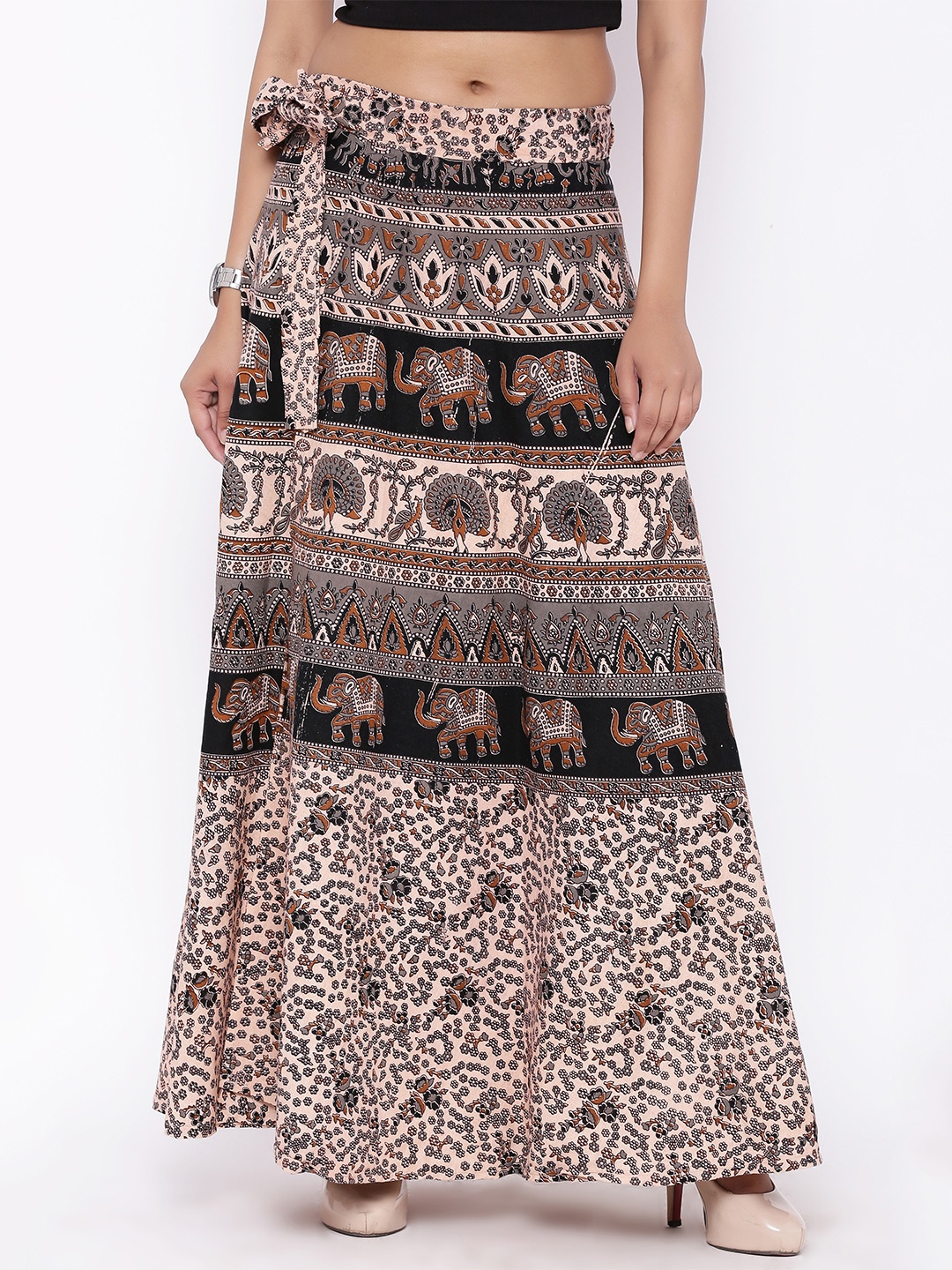 

SOUNDARYA Beige & Black Ethnic Print Wrap-Around Maxi Skirt