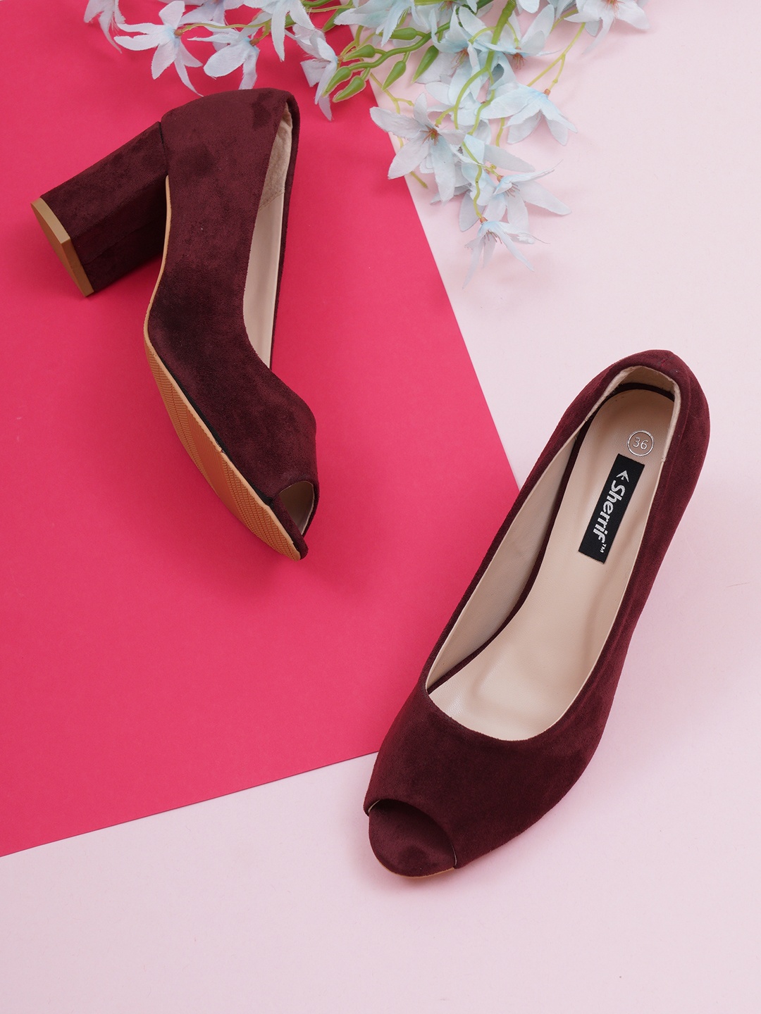 

Sherrif Shoes Maroon Velvet Party Block Peep Toes