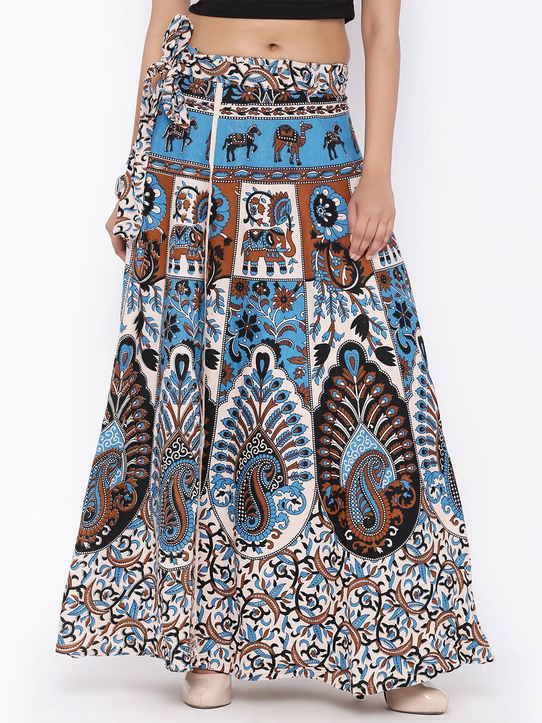 

SOUNDARYA Beige & Blue Ethnic Print Wrap-Around Maxi Skirt