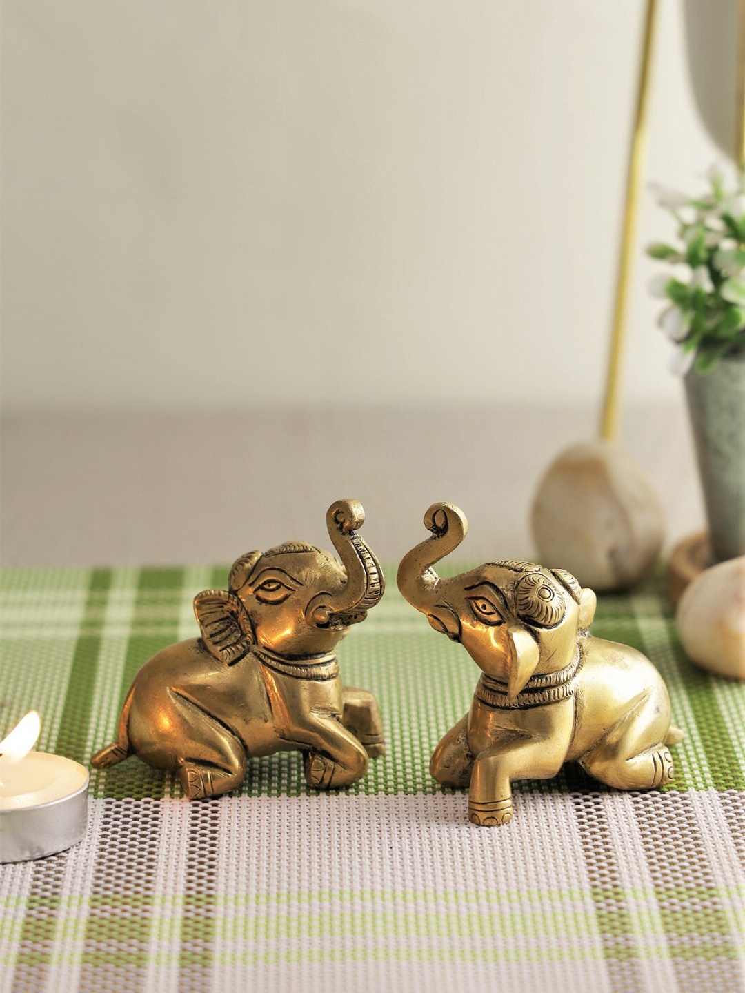 

CraftVatika Set of 2 Golden Elephant Trunk up Statue Showpieces, Gold