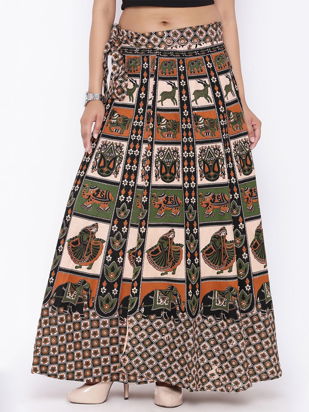 

SOUNDARYA Beige & Green Ethnic Print Wrap-Around Maxi Skirt