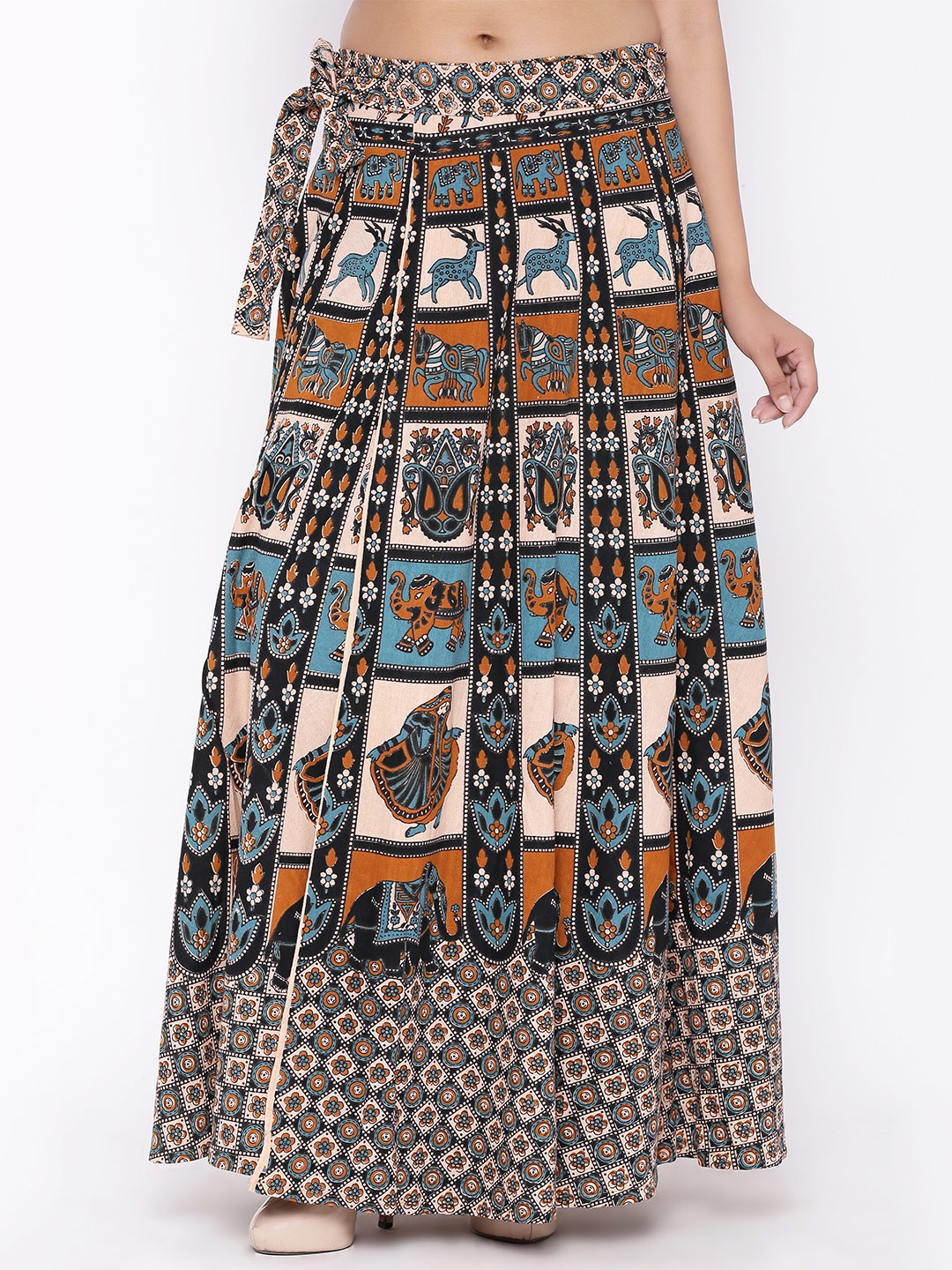

SOUNDARYA Beige & Blue Ethnic Print Wrap-Around Maxi Skirt