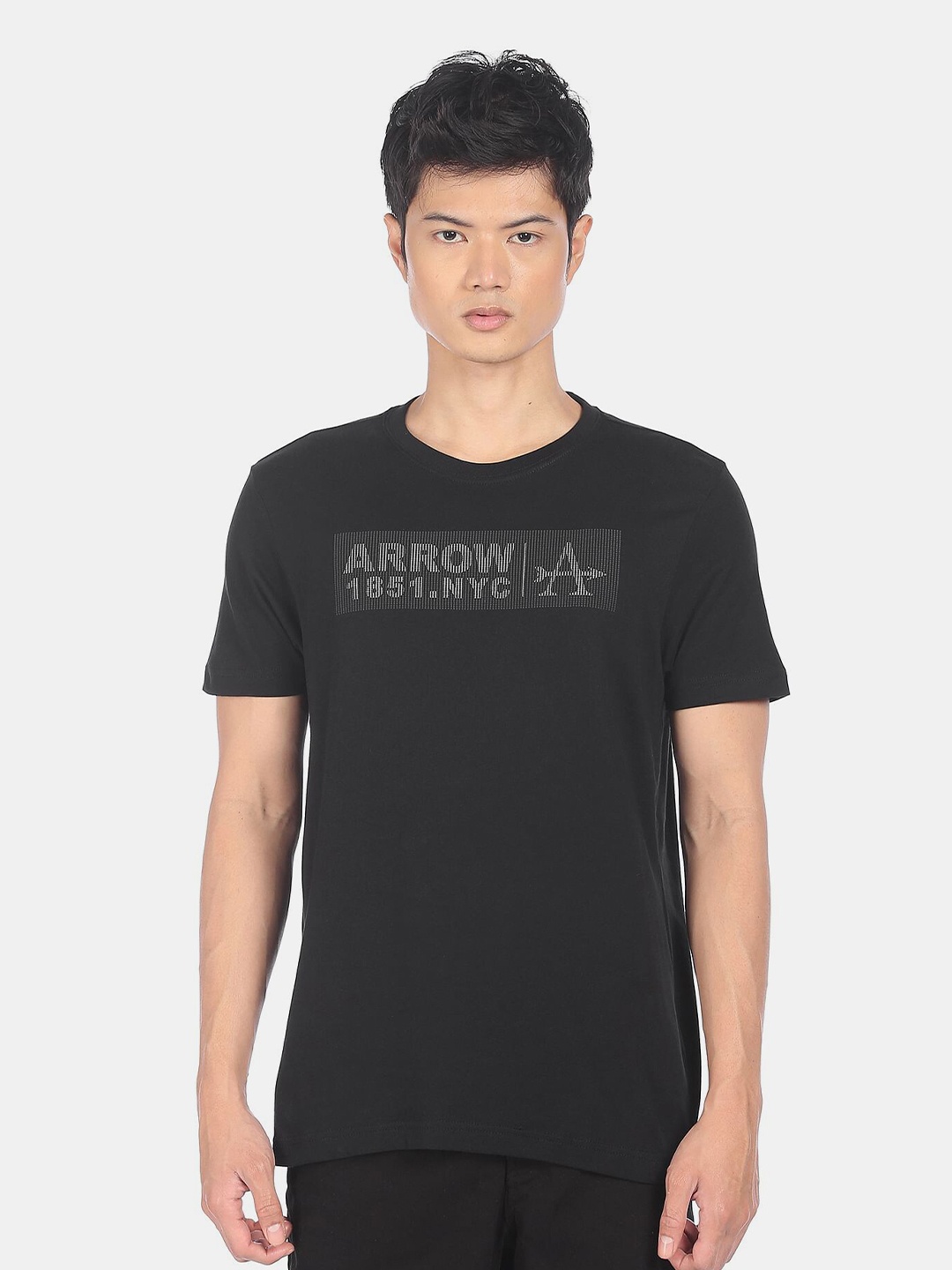 Arrow Men Black Brand Logo Printed Cotton T-shirt