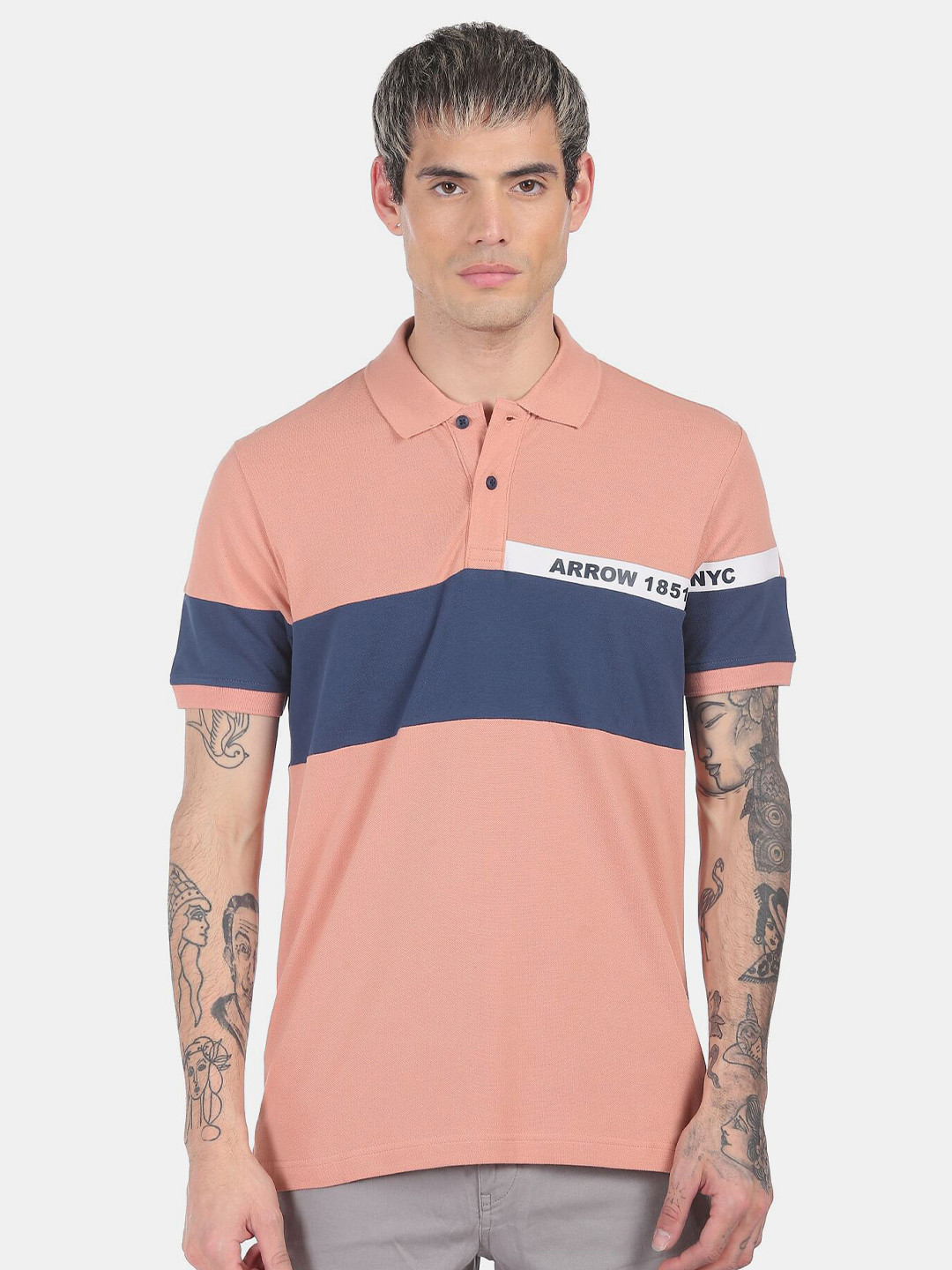 

Arrow Men Pink & Blue Typography Printed Polo Collar Cotton T-shirt