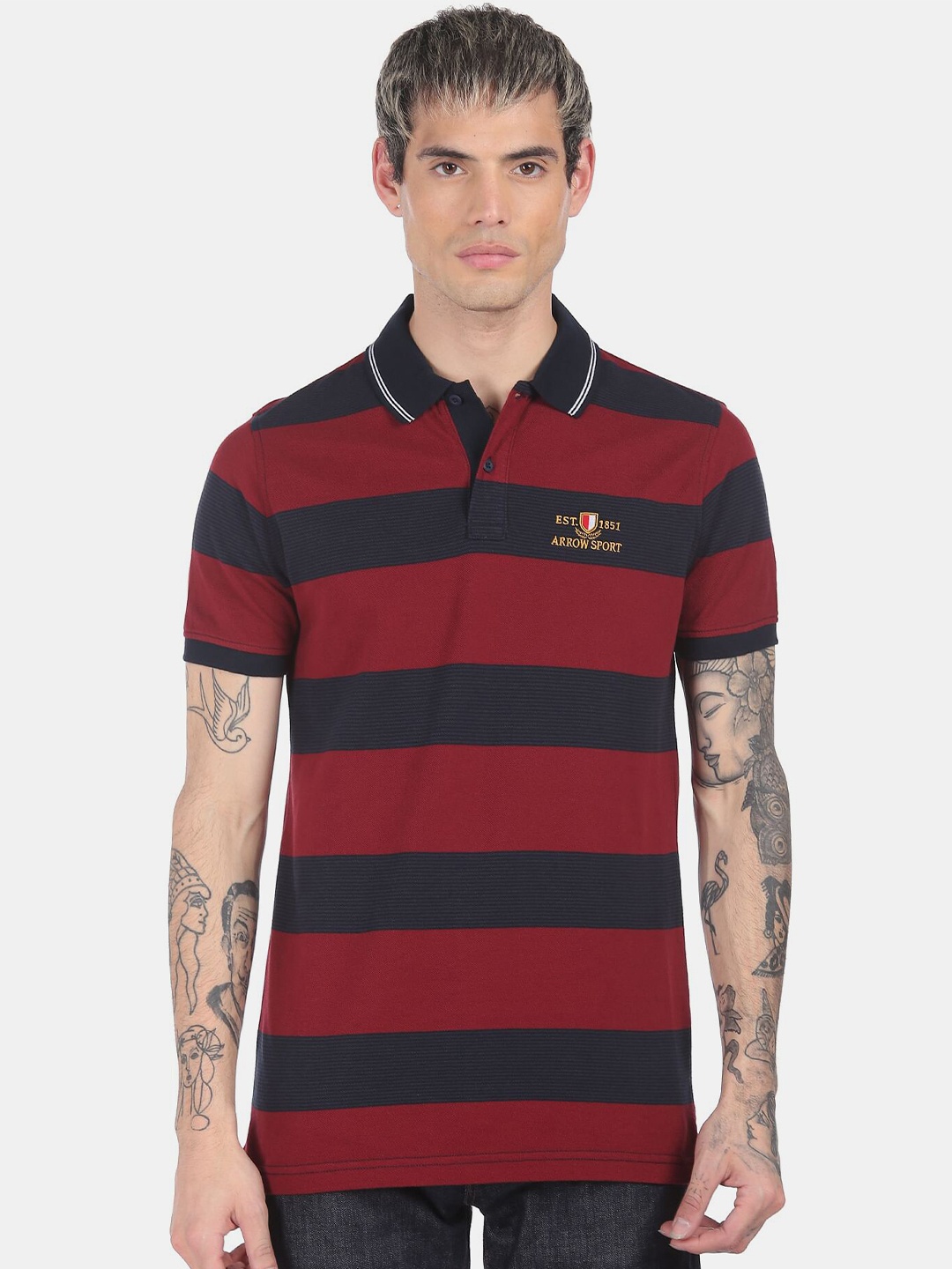 

Arrow Men Maroon & Navy Blue Striped Pure Cotton Polo Collar T-shirt