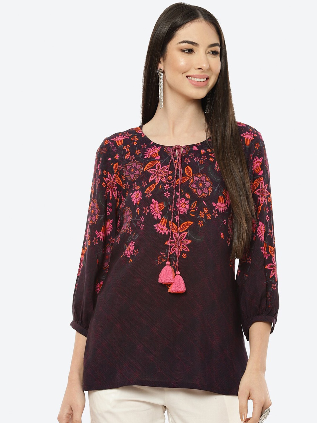 

Rangriti Purple & Pink Floral Print Tie-Up Neck Top