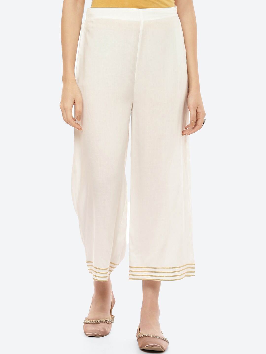 

Rangriti Women Off White & Gold-Toned Ethnic Palazzos