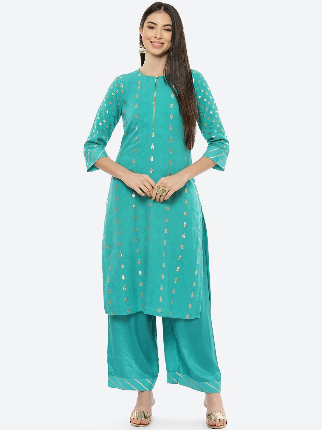 

Rangriti Women Teal Geometric Gotta Patti Brocade Kurta