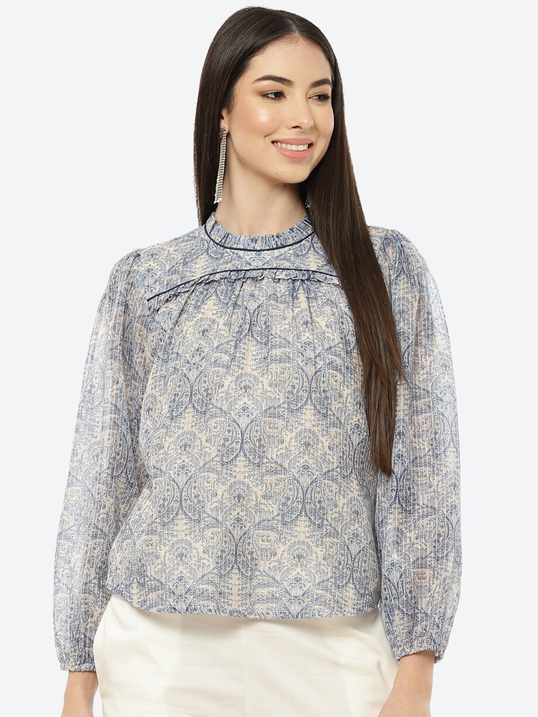 

Rangriti Blue Printed Ruffles Top
