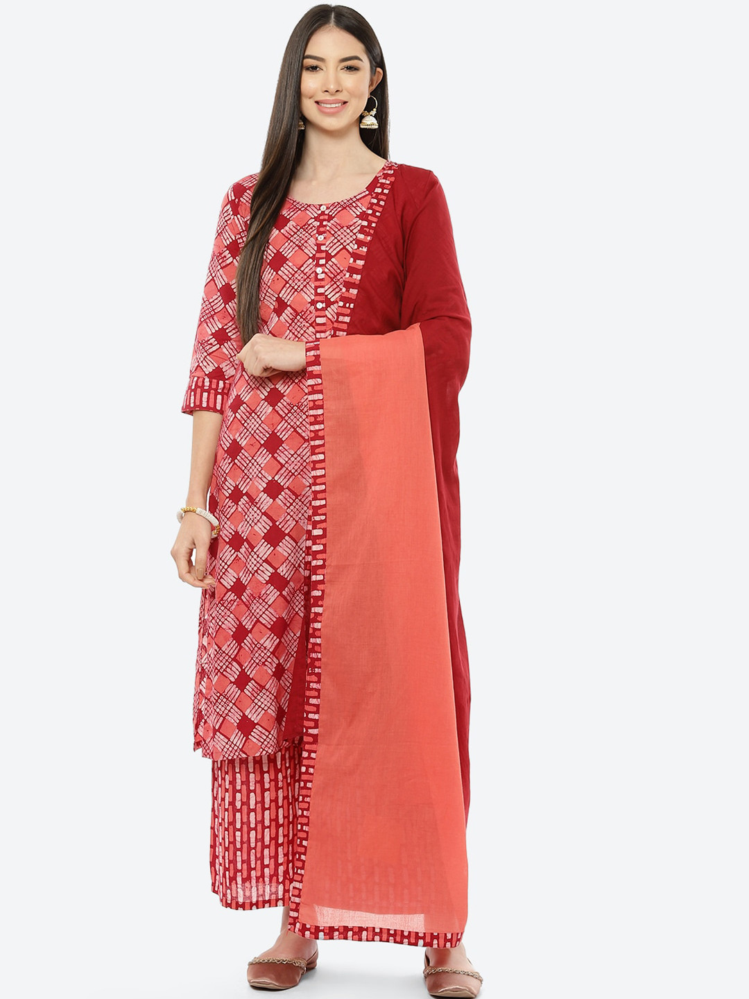 

Rangriti Women Maroon Printed 3XL Pure Cotton Kurta with Palazzos With Dupatta