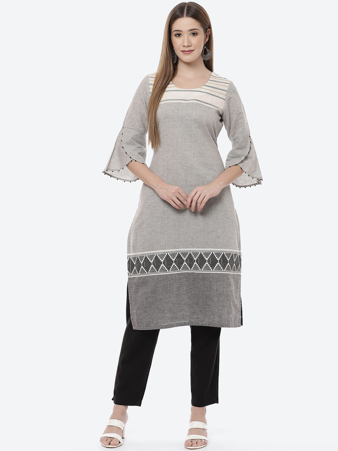 

Rangriti Women Grey Striped Flared Sleeves Straight Kurta