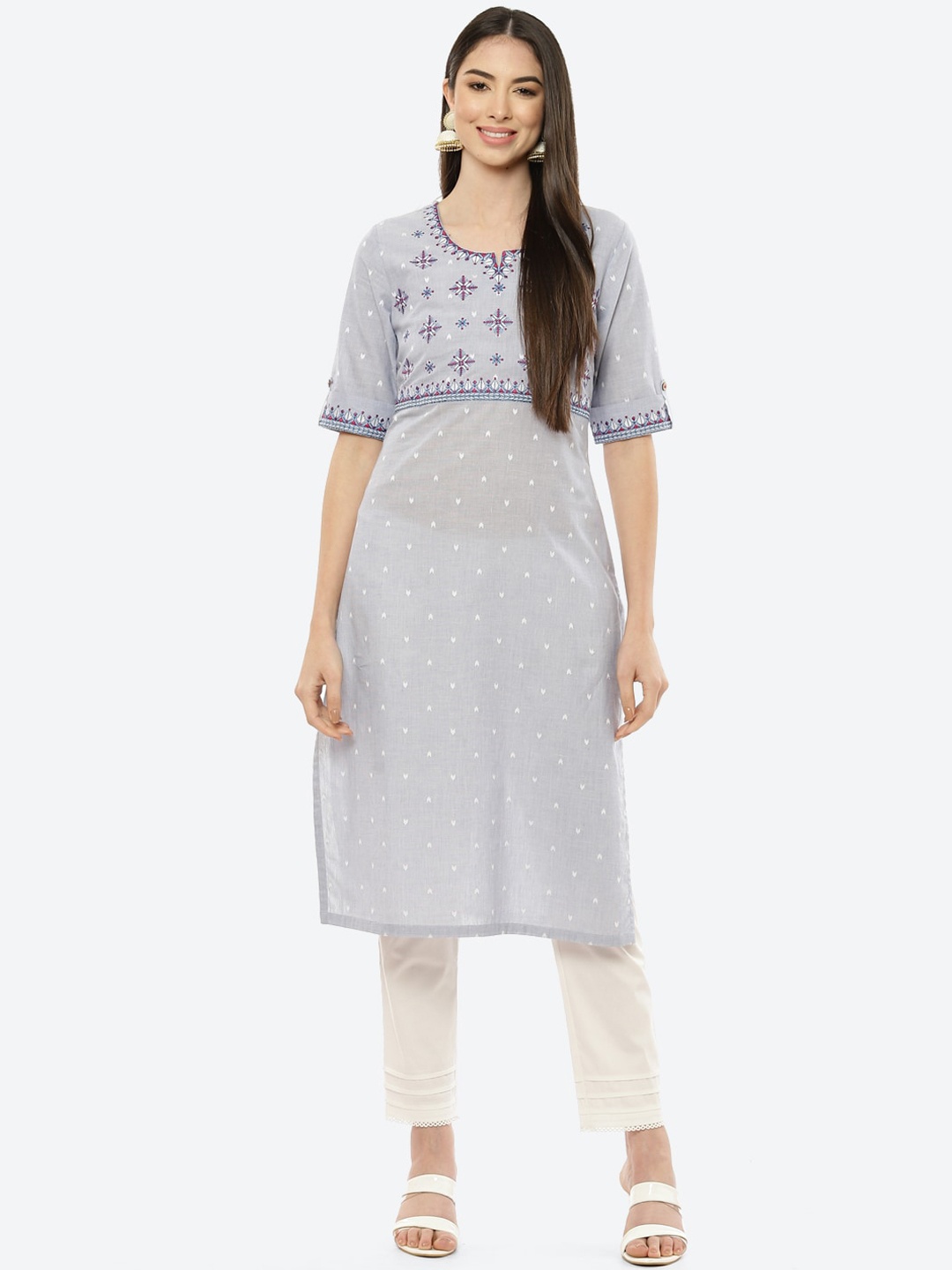 

Rangriti Women Blue Embroidered Thread Work Kurta