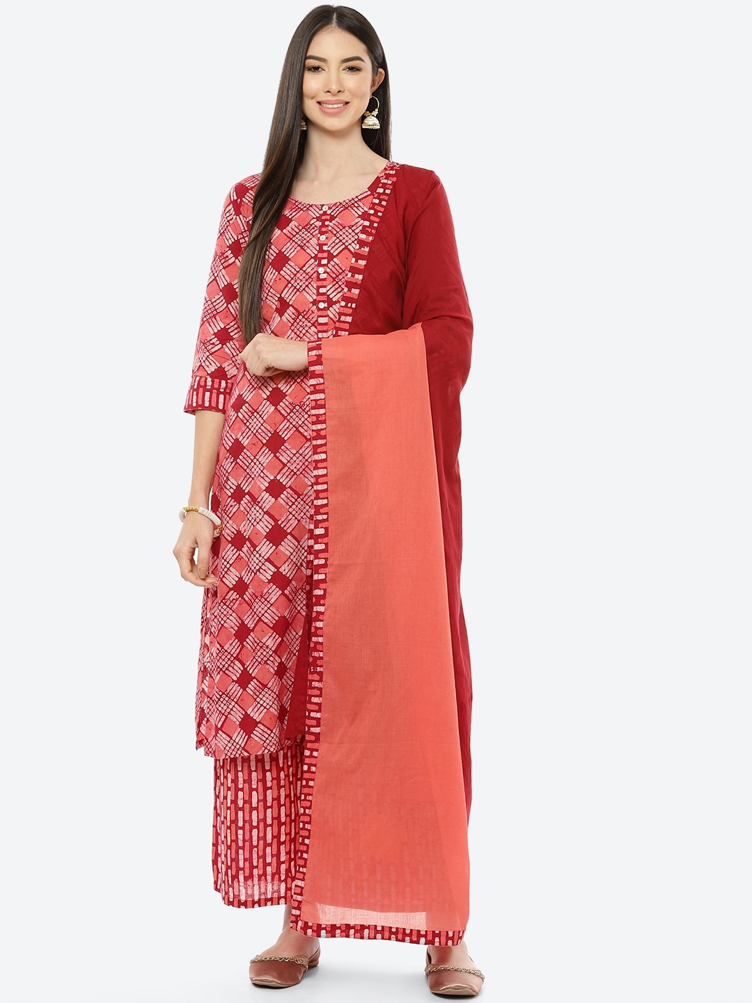 

Rangriti Women Maroon Ethnic Motifs Printed Pure Cotton Kurti with Palazzos & With Dupatta