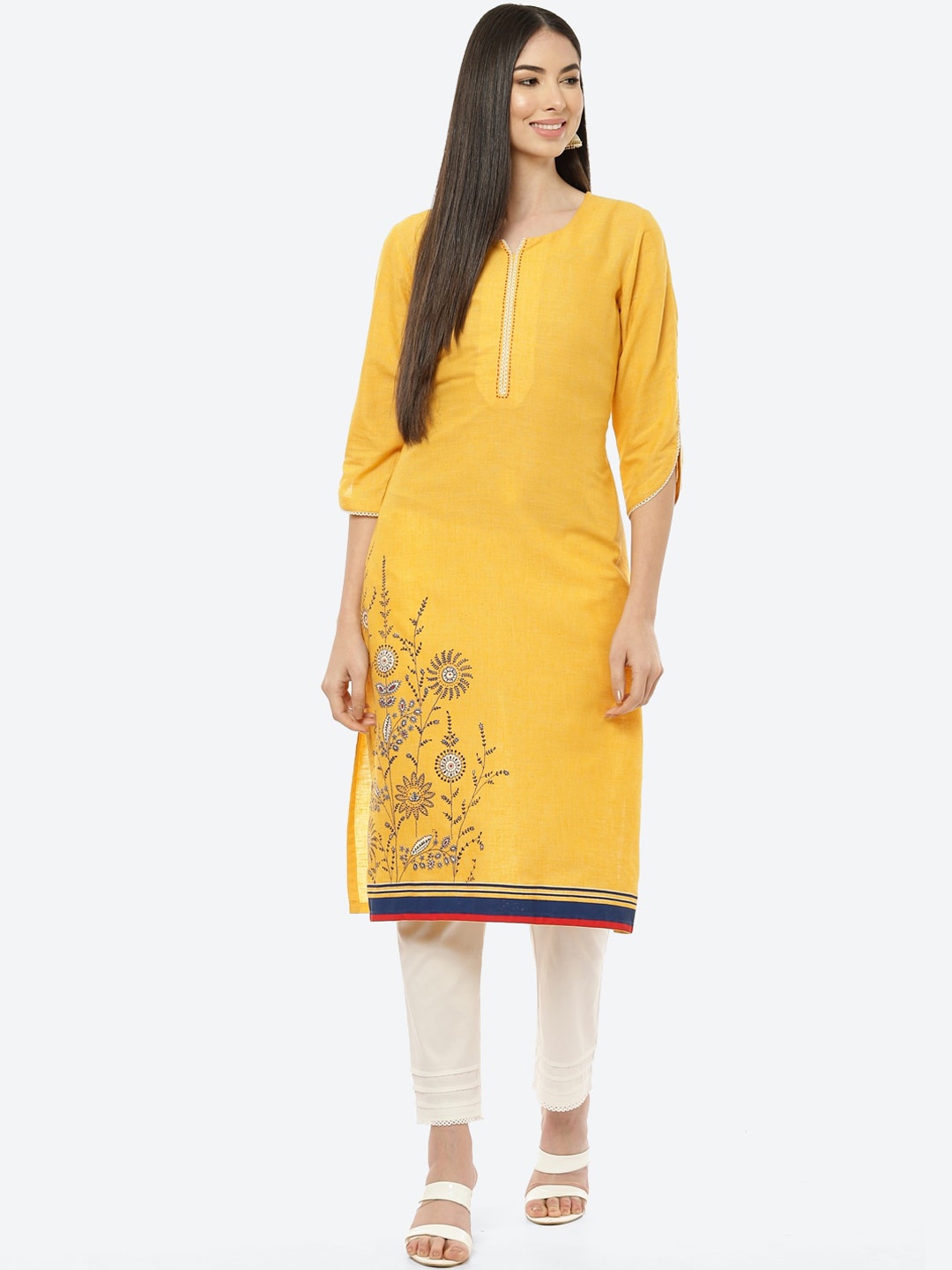 

Rangriti Women Mustard Yellow Floral Thread Work Kurta