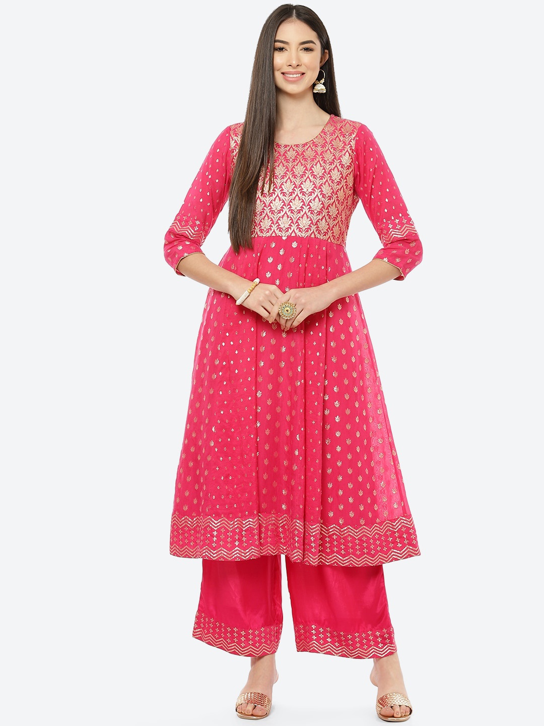 

Rangriti Women Fuchsia Ethnic Motifs Yoke Design Brocade Anarkali Kurta