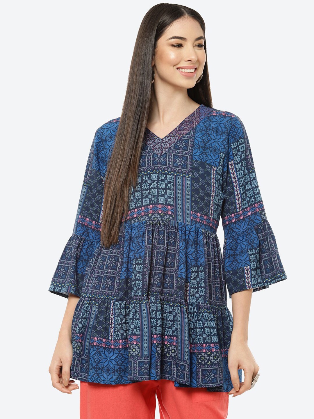 

Rangriti Blue Ethnic Motifs Printed Tunics