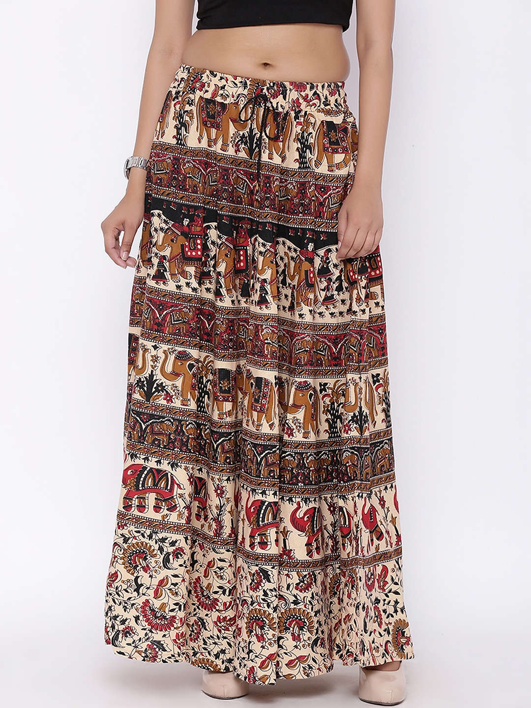 

SOUNDARYA Beige & Brown Ethnic Print Flared Maxi Skirt