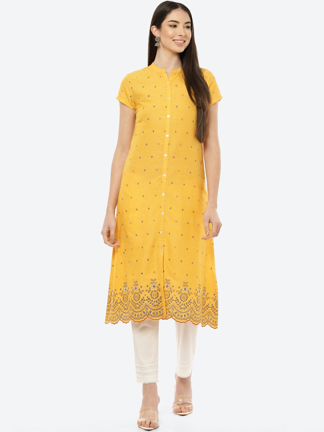 

Rangriti Women Mustard Yellow Floral Printed A-Line Kurta