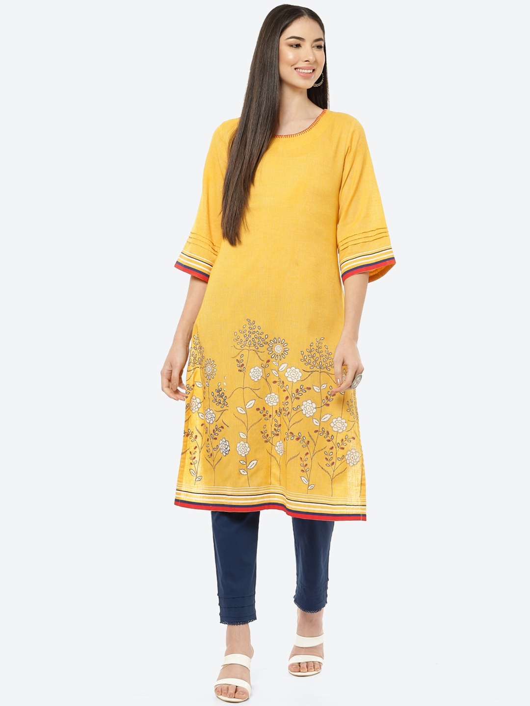 

Rangriti Women Mustard Yellow Floral Flared Sleeves Kurta