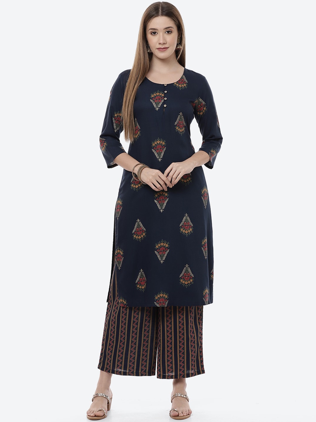

Rangriti Women Navy Blue Ethnic Motifs Printed Kurti with Palazzos