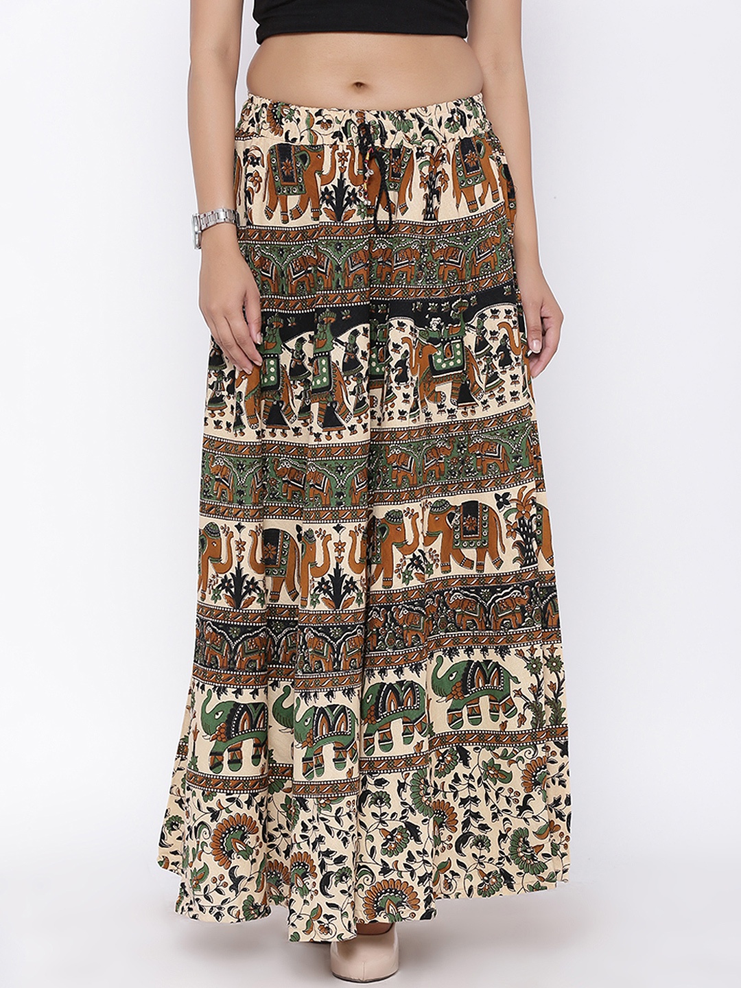 

SOUNDARYA Beige & Green Ethnic Print Flared Maxi Skirt