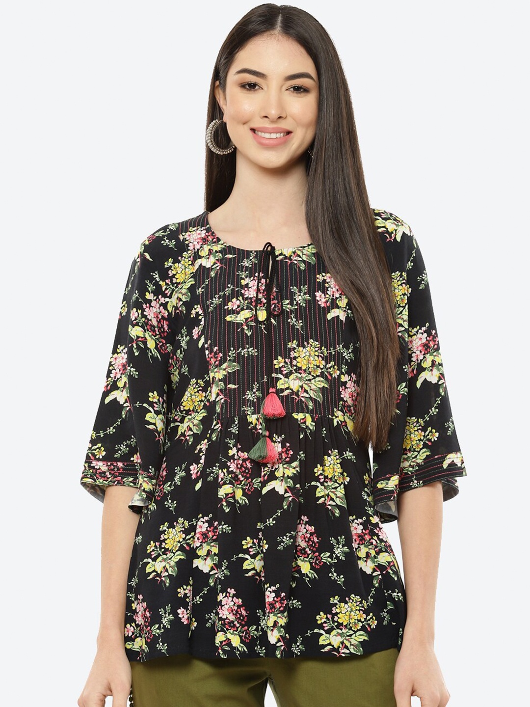 

Rangriti Black Floral Print Tie-Up Neck Top