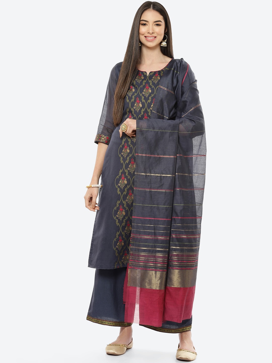 

Rangriti Women Blue Ethnic Motifs Printed Panelled Kurta With Palazzos & Dupatta