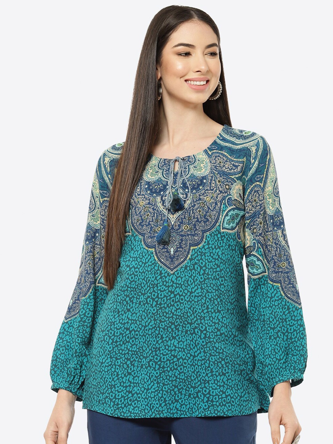 

Rangriti Teal Ethnic Motifs Printed Top