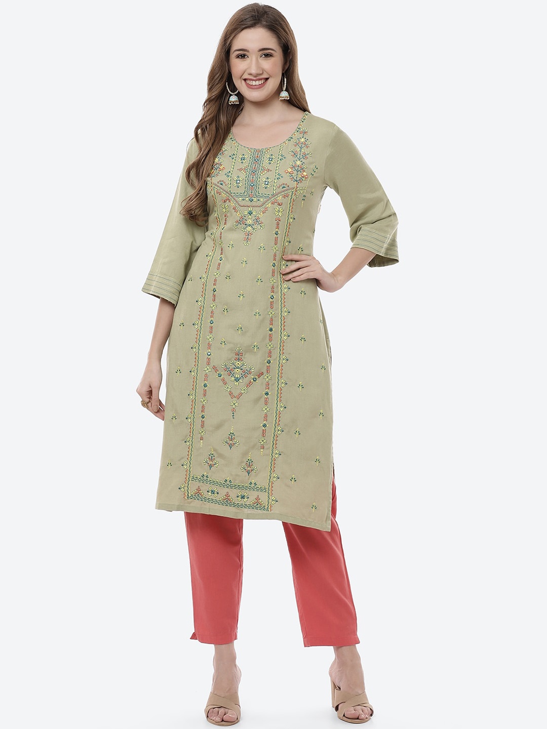 

Rangriti Women Green Ethnic Motifs Embroidered Kurta