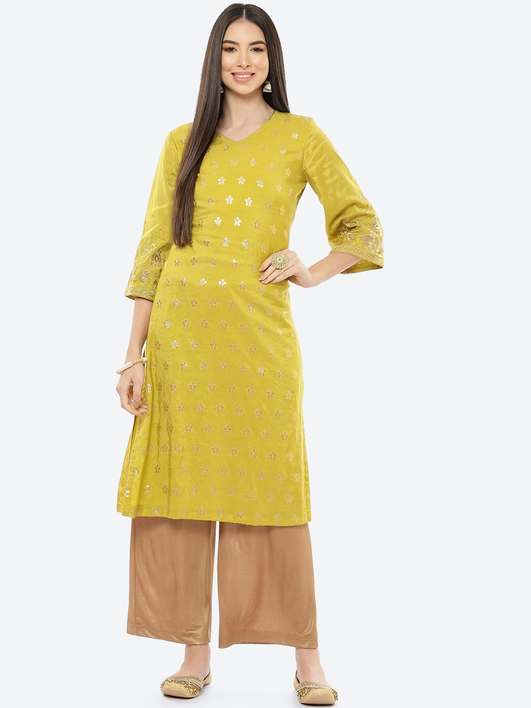 

Rangriti Women Lime Green Ethnic Motifs Brocade Kurta