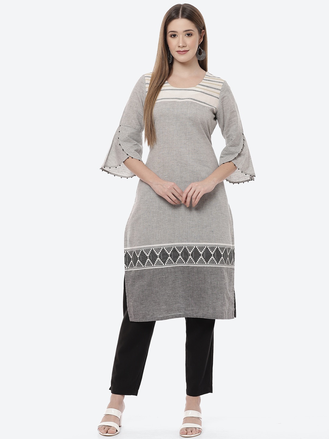 

Rangriti Women Grey Striped Flared Sleeves Kurta