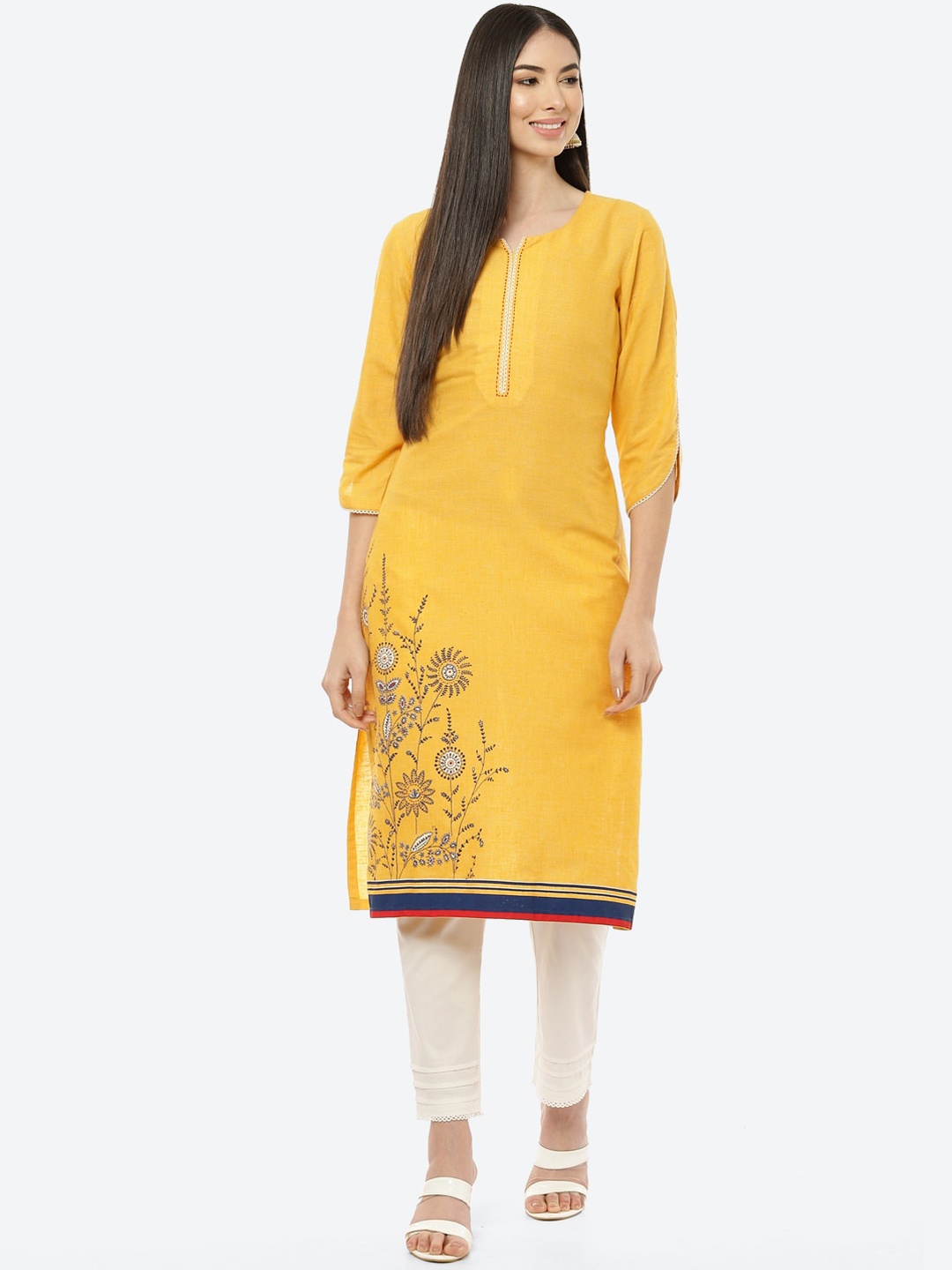 

Rangriti Women Mustard Yellow Floral Thread Work Kurta