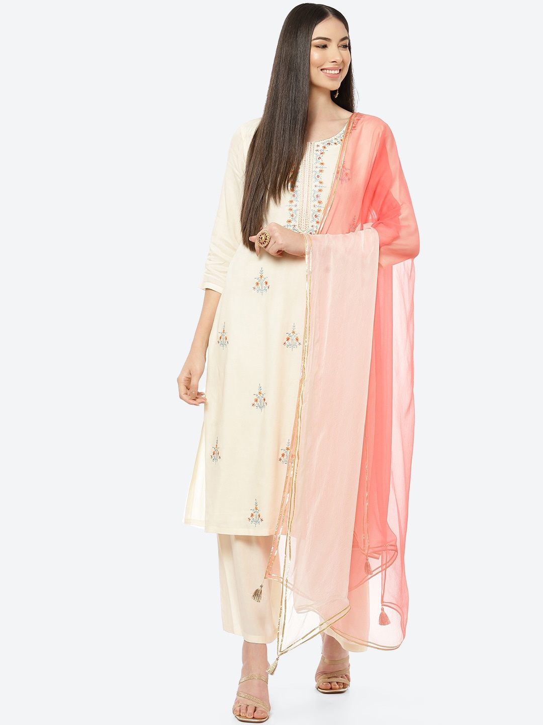 

Rangriti Women Cream-Coloured Kurta with Trousers & With Dupatta