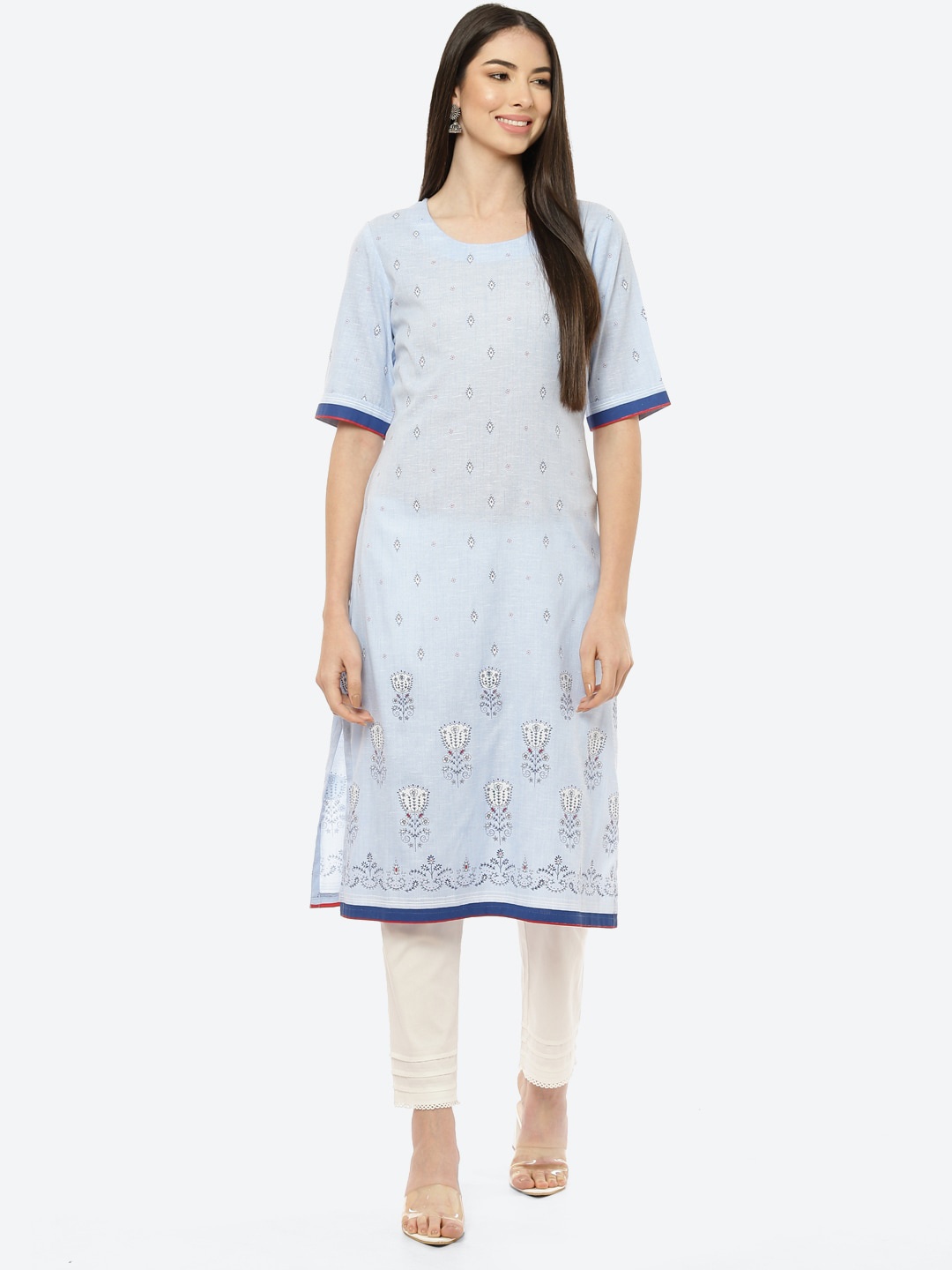 

Rangriti Women Blue Ethnic Motifs Printed Thread Work Kurta