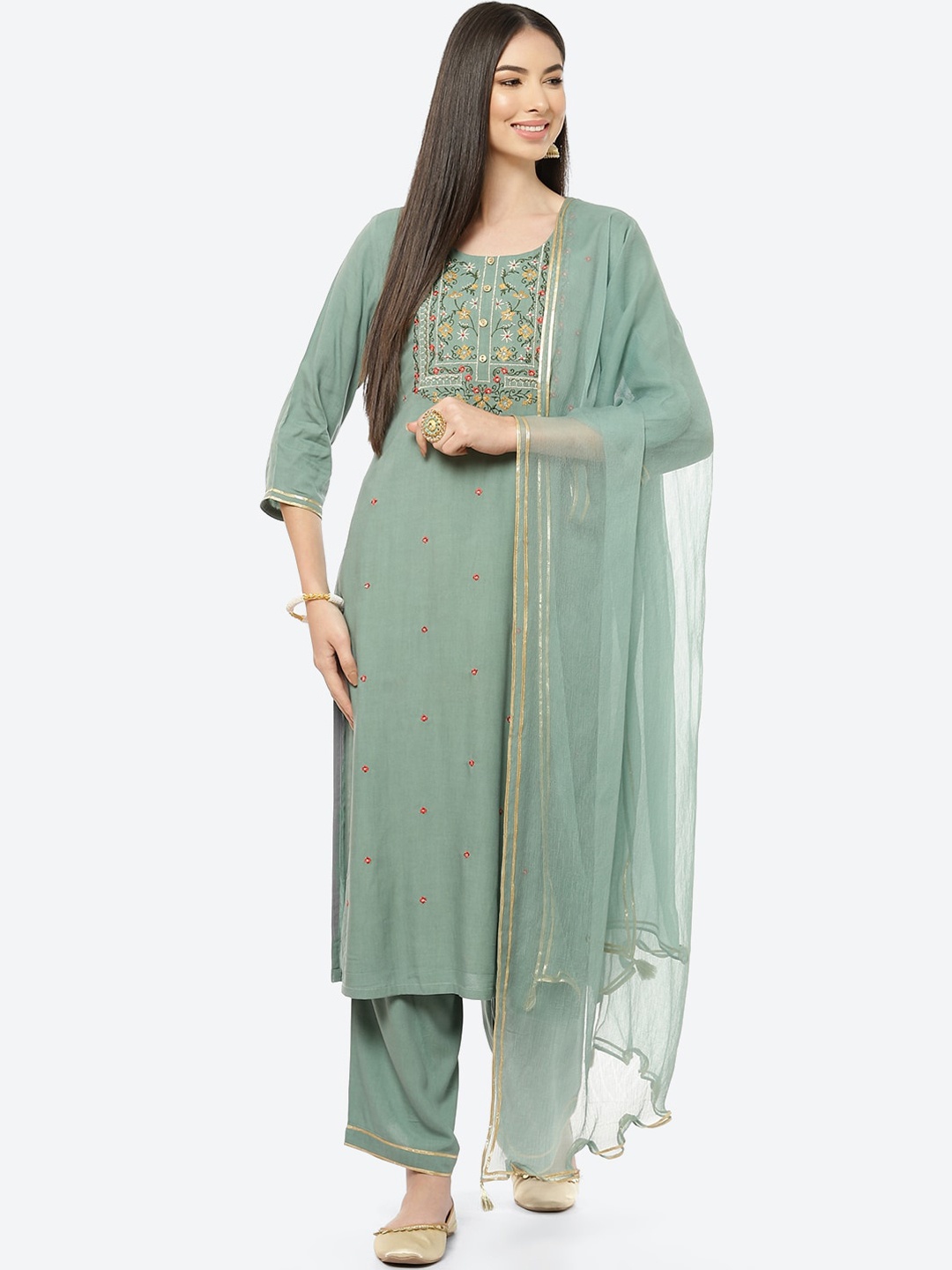 

Rangriti Women Green Floral Embroidered Kurta with Trousers & With Dupatta