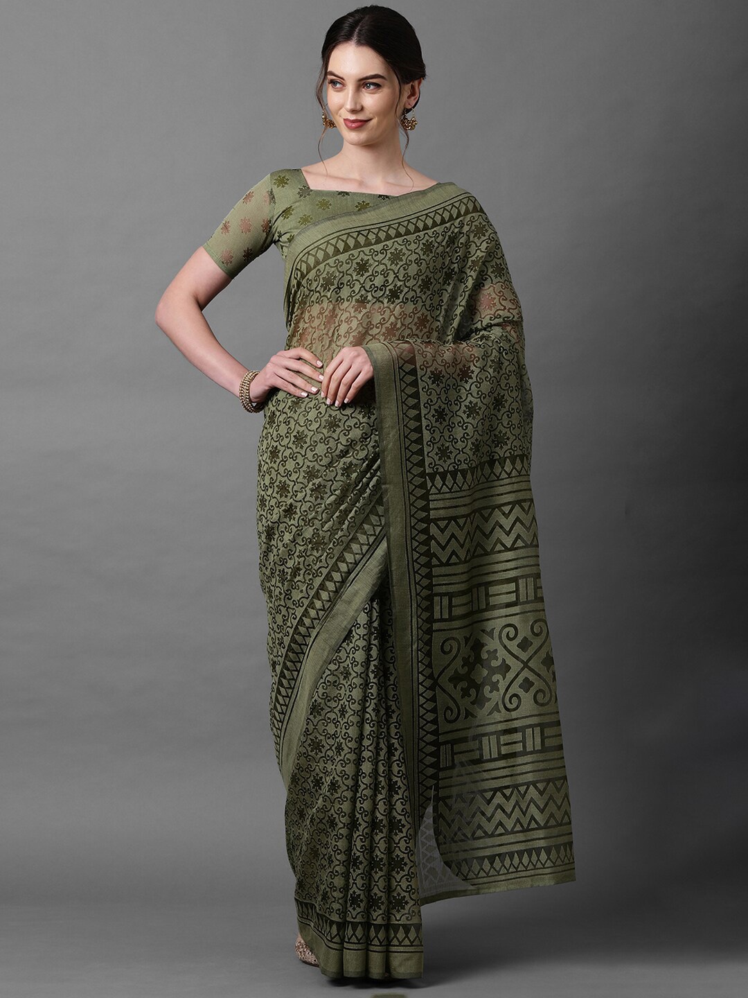 

Mitera Green Floral Brasso Chanderi Saree