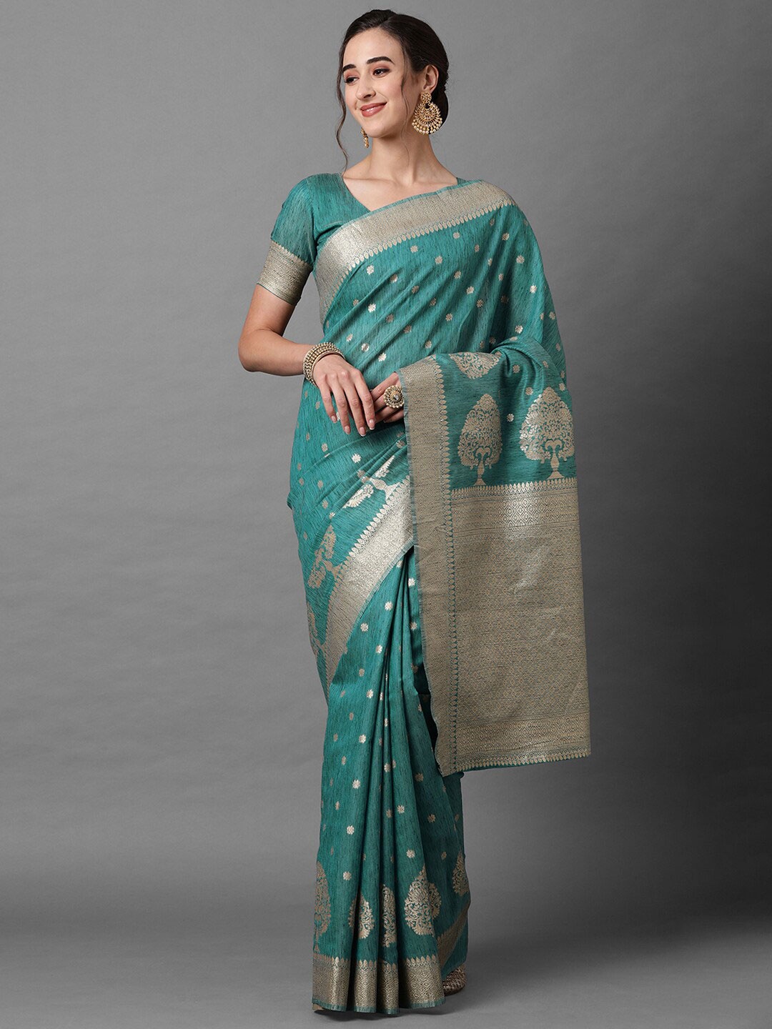 

Mitera Turquoise Blue & Gold-Toned Ethnic Motifs Zari Silk Blend Banarasi Saree