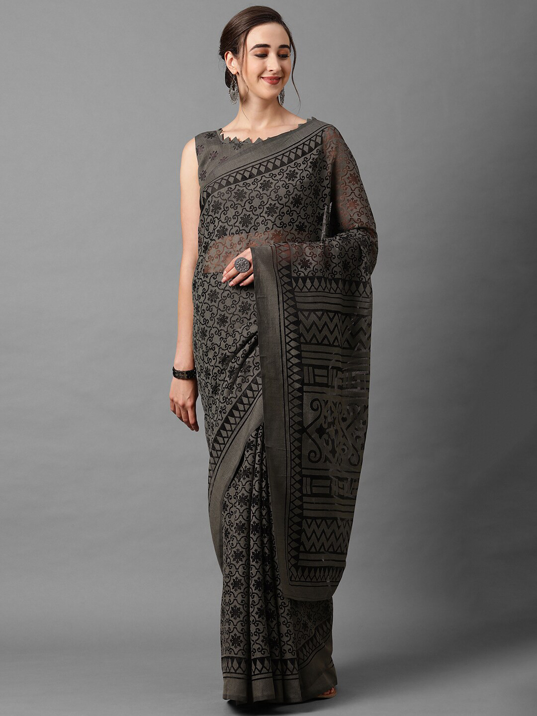 

Mitera Grey Floral Printed Net Chanderi Saree